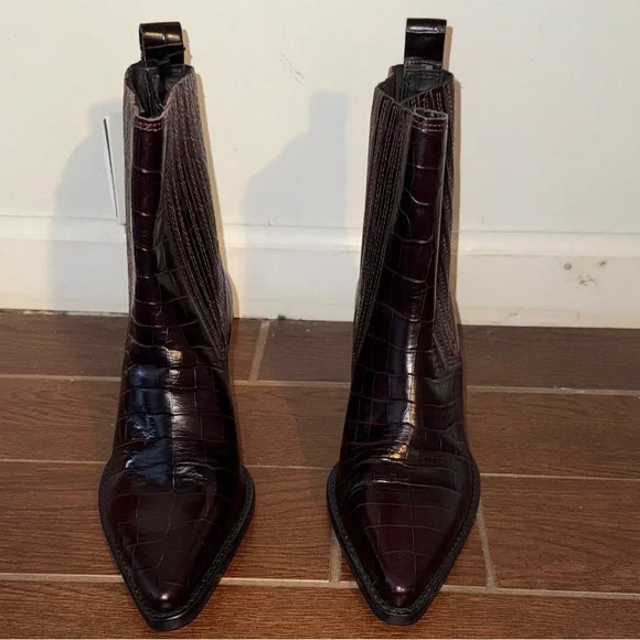 Zara Dark Burgundy Croc-Embossed Leather Ankle Boots - Picture 2 of 3